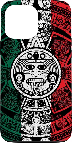 Vista 24 de Funda para iPhone 17 con calendario maya azteca con diseño de piedra solar envejecida de la bandera de México