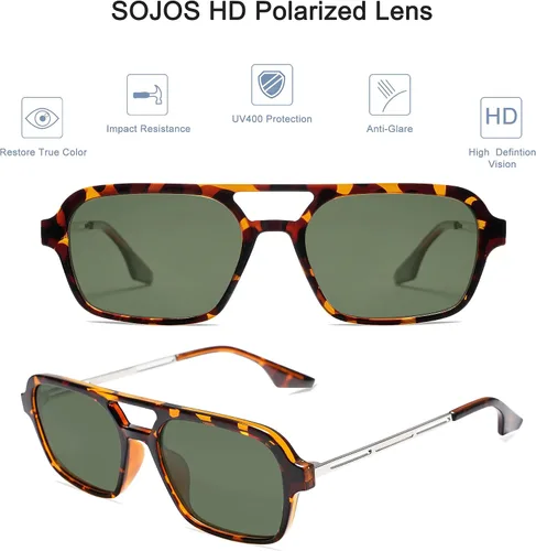 Vista 2 de SOJOS Gafas de sol de aviador polarizadas vintage para mujeres y hombres, retro planos de los años 70 Narraw rectangulares para mujer SJ2186