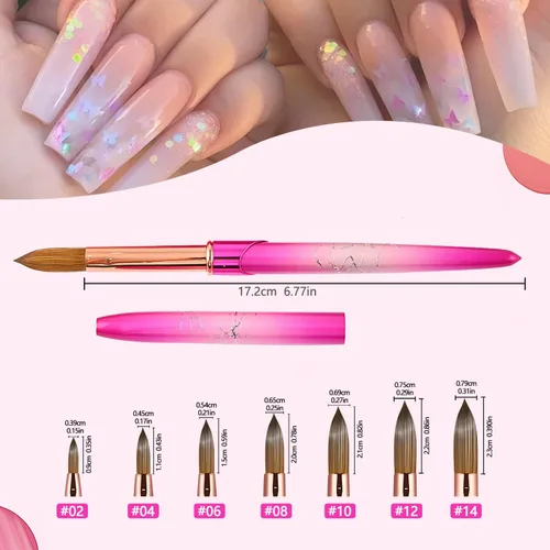Vista 3 de Kolinsky - Cepillo de uñas acrílicas con mango de metal degradado de talla rojo rosa, aplicación acrílica, extensión de uñas de gel