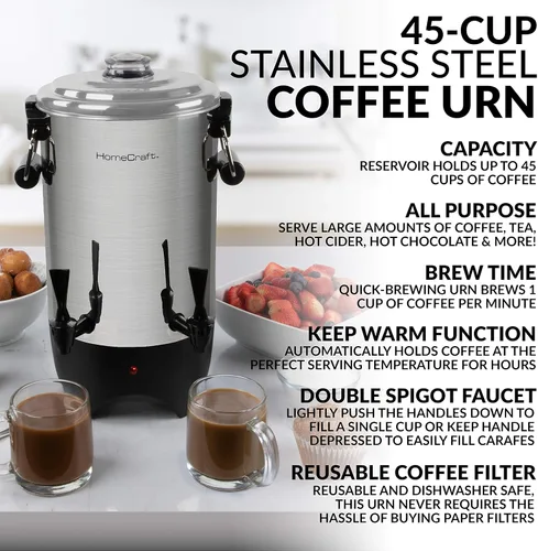 Vista 6 de Homecraft Urna de café de 100 tazas y dispensador de bebidas calientes con grifo antigoteo, preparación rápida, urna de café de acero inoxidable
