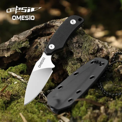 Vista 7 de Omesio Cuchillo de cuello, cuchillo de hoja fija de acero D2 de 5.82 Mango A-negro + hoja blanca