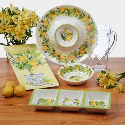 Vista 5 de Lemon Zest - Juego de 6 platos llanos de melamina, platos irrompibles para exteriores para cenar en el patio, fiestas de jardín, barbacoas