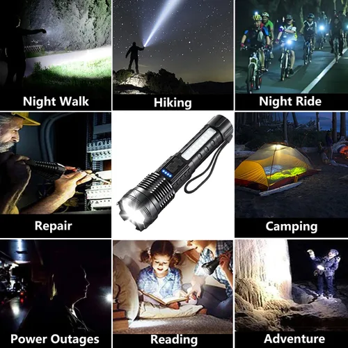 Vista 8 de Linternas LED recargables, 90,000 lúmenes, súper brillantes, linterna de mano con luz de trabajo COB, 7 modos, linterna táctica ajustable IPX6