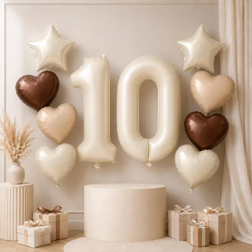 Vista 23 de Decoración de Globos Número 10 de 40 Pulgadas, Globos de Corazón Neutro de Papel de Aluminio Crema Retro Albaricoque Marrón con Globo de Helio