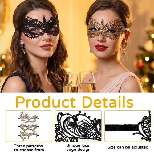 Vista 4 de 6 Pcs Lace Masquerade Mask for Women Men, Black Gold Half Face Mask