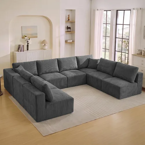Vista 20 de WUTUTUEE Sofá modular en forma de U de 115 pulgadas, sofá modular modular de 3 plazas con 2 otomanas móviles, sofá cama convertible de pana con Beige