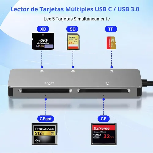 Vista 2 de CFast - Lector de tarjetas CFast2.0 USB C CFast2.0 de 5 Gbps CFast/SD/Micro SD/XD/Flash compacto, lee 5 tarjetas simultáneamente, tarjeta Sony XD