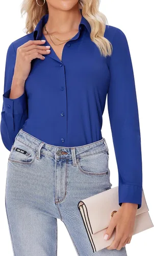 Vista 11 de siliteelon Camisas con botones para mujer, ajustadas, de manga larga, elásticas, de vestir, camisas de trabajo, sin arrugas, blusas de oficina