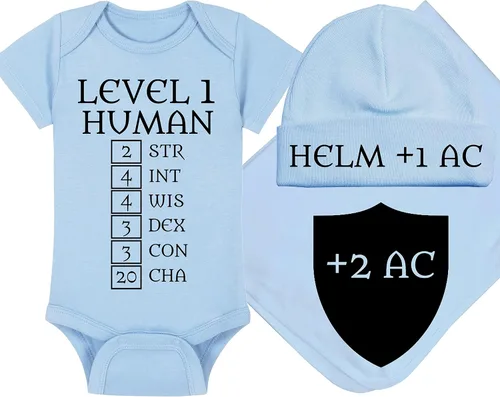 Vista 25 de Level 1 Human with Ability Scores - Gaming Baby Onesie - Hat - Blanket - Bib Package Combinations