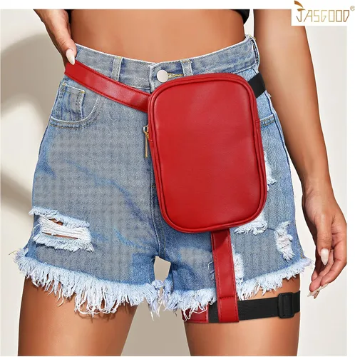 Vista 6 de JASGOOD Riñonera de moda para mujer, arnés de muslo, bolsa de pierna caída, C- Rojo, Moda