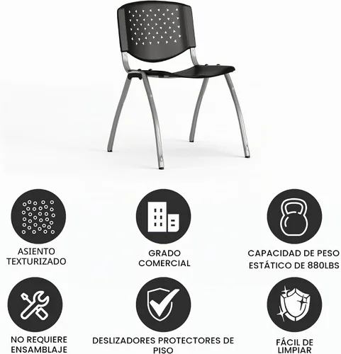 Vista 5 de EMMA + OLIVER Silla apilable de plástico negro para el hogar y la oficina con respaldo perforado - Silla de invitados