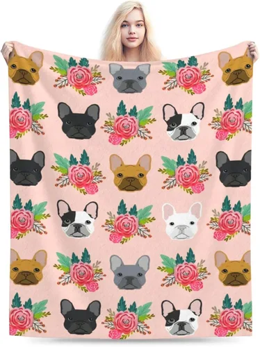 Vista 2 de Bonita manta de bulldog francés con diseño floral, suave y acogedora, manta de franela ligera y cálida de felpa para sofá, camping, oficina, viajes