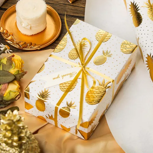Vista 6 de Flyhill - Rollo de papel kraft de piña en lata - 17 pulgadas X 33 pies - Diseño de papel de regalo con piña 3D en relieve metálico dorado