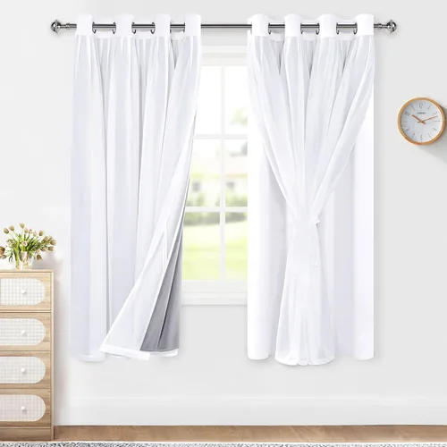 Vista 31 de XWZO Cortinas 100% opacas de doble capa para guardería, cortinas opacas con superposición transparente para dormitorio de niñas, cortinas