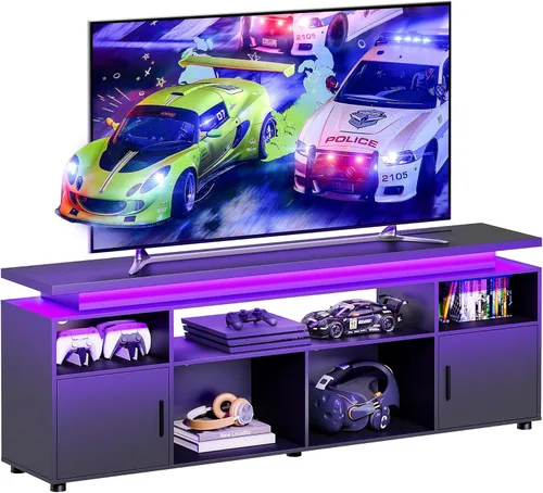 Vista 7 de SUNCOZE Soporte de TV, centro de entretenimiento con luces LED y gabinete para TV de 70/75/80 pulgadas, consola de TV moderna para juegos y medios