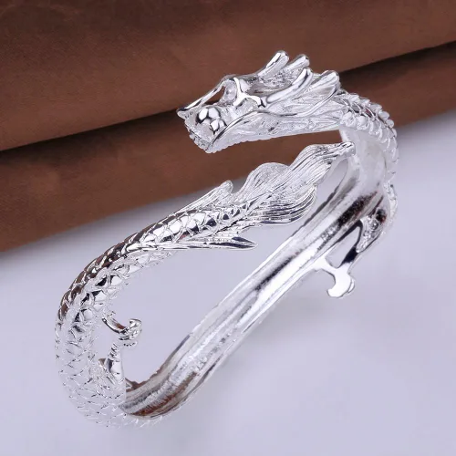Vista 6 de Pulsera de plata de ley 925 antigua con dragón chino elegante para señora caballero