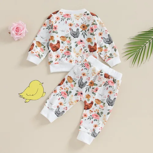 Vista 2 de Ropa de otoño para bebé, niña y niño, sudadera con cuello redondo y estampado de flores, pantalones largos, 2 piezas