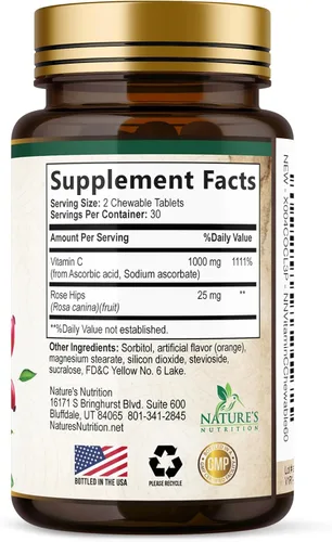 Vista 9 de Vitamin C 1000mg Per Serving Chewable - Sugar Free - Extra Strength Antioxidants - Natural Immune Support Supplement with Vitamin C & Rose Hips
