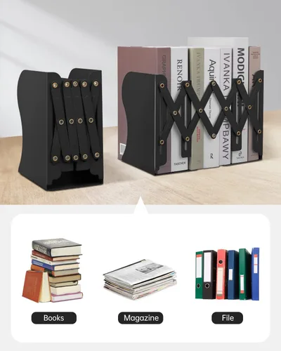 Vista 5 de Honagu Sujetalibros ajustables, extremos de metal para estantes pesados, organizador de archivos de revistas de escritorio para el hogar, oficina