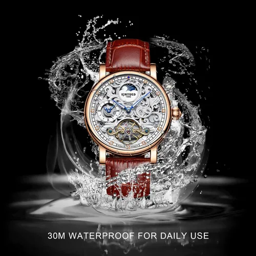 Vista 5 de IK COLOURING Relojes mecánicos para hombre, reloj de pulsera de esqueleto automático de lujo Tourbillon impermeable de cristal automático para hombre