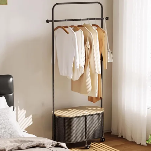 Vista 10 de Perchero giratorio de 360°, perchero de metal para ropa, con ruedas y cesta de almacenamiento de gran capacidad, perchero para colgar ropa