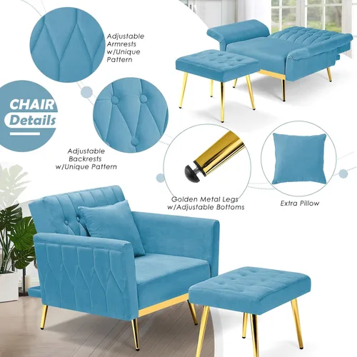 Vista 6 de Silla decorativa de terciopelo con respaldo y reposabrazos ajustables, sillón reclinable individual con otomana y patas mentales doradas para sala