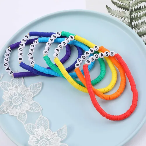 Vista 6 de Juego de pulseras heishi arcoíris estilo surfista para mujer, juego de pulseras apilables de cuentas de arcilla, pulseras elásticas con disco