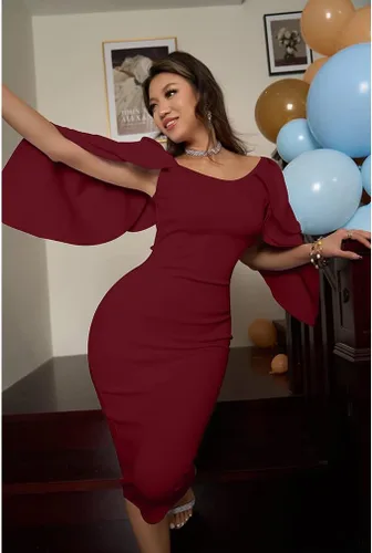 Vista 4 de DAAWENXI Elegante vestido de cóctel imperio con cremallera y hombros descubiertos para mujer
