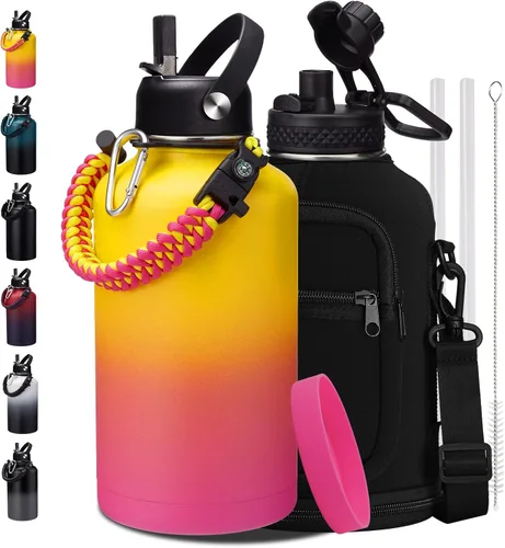 Vista 39 de Botellas de agua de 32 onzas aisladas con pajita y tapa para beber de un sorbo, asa de paracord, bolsa de transporte con correa, termo de triple