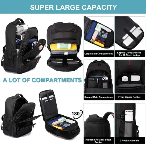 Vista 2 de Mochila con ruedas, mochila grande con ruedas para hombres, mujeres y adultos, mochila impermeable de 17 pulgadas para portátil de viaje, bolsa
