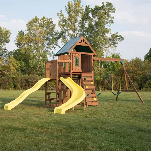 Vista 2 de Swing-N-Slide WS 8355 Castlebrook - Juego de columpios con dos toboganes, columpios y pared de escalada, madera