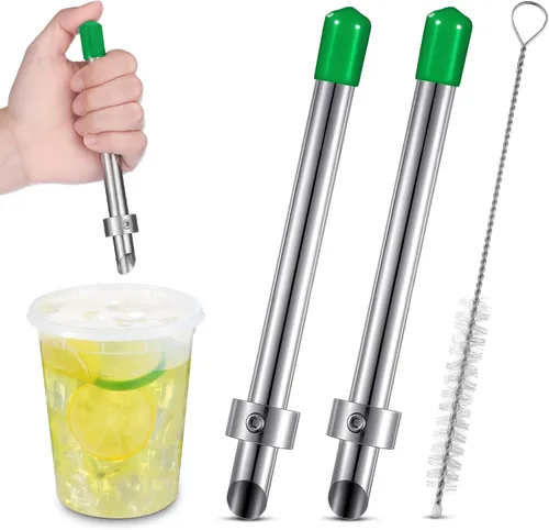 Vista 14 de Lasnten Paquete de 2 perforadores de paja para tapas de plástico, vasos de limonada, herramientas de perforación de acero inoxidable para bebidas