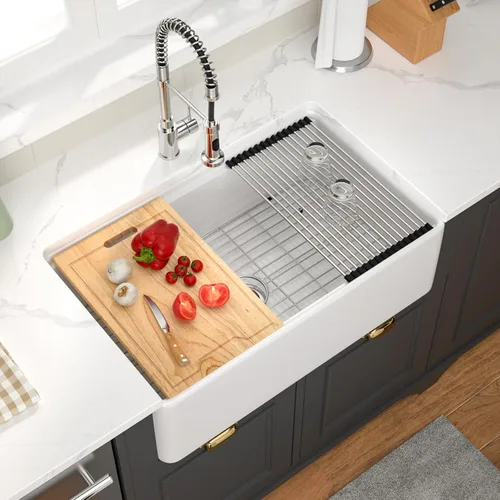 Vista 10 de Fregadero de 33 unidades de arcilla refractaria de 33 x 20 x 10 pulgadas, color blanco, fregadero de cocina de porcelana de cerámica, estilo casa