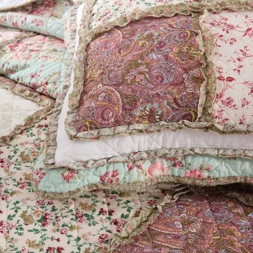 Vista 6 de ABREEZE Juego de edredón acolchado de algodón con diseño de retazos florales y rosas azules, juego de colcha rústica de 3 piezas