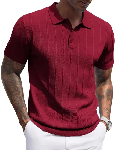 Vista 63 de COOFANDY Camisas polo de punto para hombre de manga corta con textura acanalada Camisas de golf casuales y ligeras con cuello Camiseta de polo