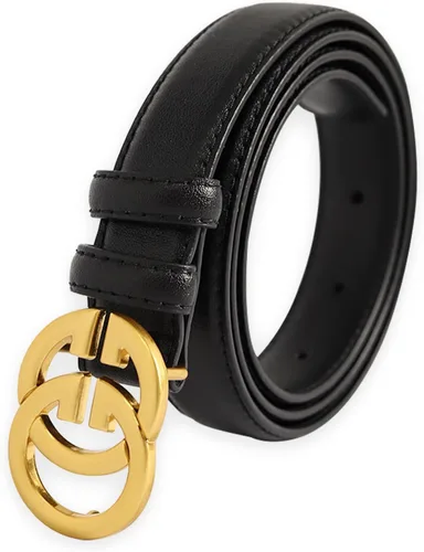 Vista 414 de Cinturón de cuero clásico con hebilla de metal para mujer con vestido de jeans