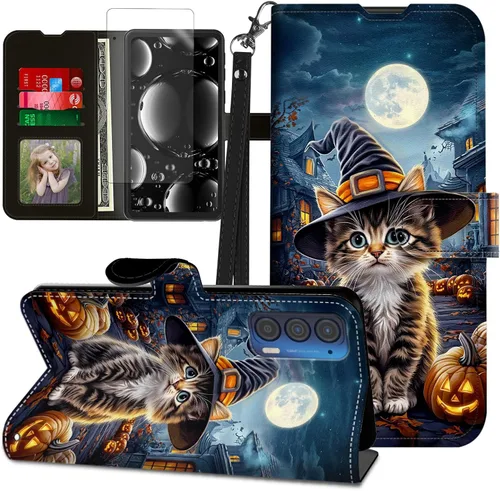 Vista 299 de Funda para Motorola Edge 2022 con protector de pantalla, soporte y tarjetero y correa para la muñeca, funda magnética para Moto Edge 2022 5G UW Lobo