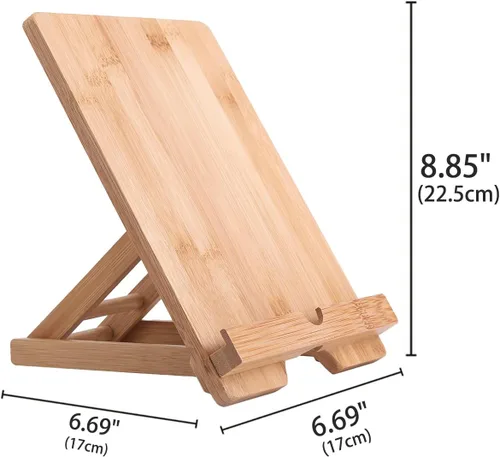 Vista 5 de Soporte para tableta de bambú Soporte ajustable plegable de madera para iPad con orificio cargable para escritorio iPad Soporte de cocina
