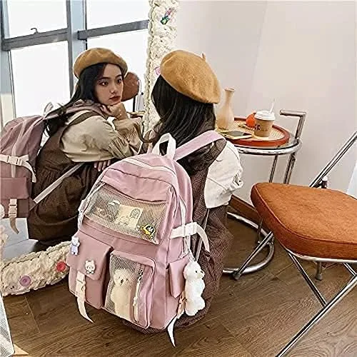 Vista 5 de Mochila kawaii con pin kawaii y accesorios, bonita mochila kawaii para mochila escolar, mochila kawaii para niña linda, Rosado, L, Suave