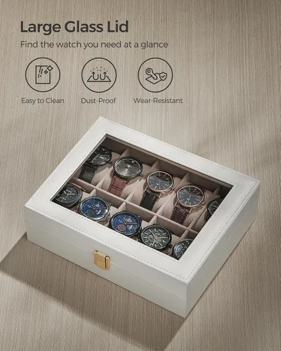 Vista 5 de SONGMICS Caja de reloj, regalos de Navidad, caja de reloj de 10 ranuras con tapa de vidrio grande, almohadas de reloj extraíbles, organizador