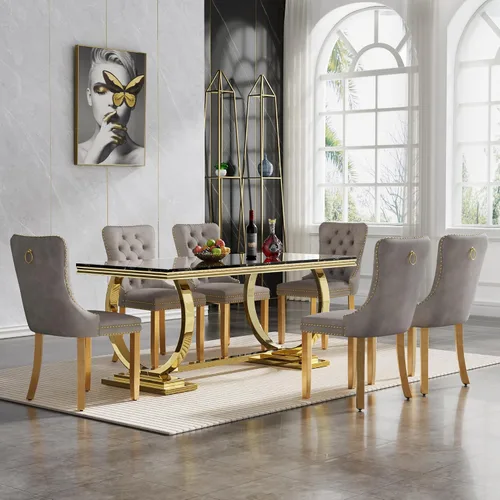 Vista 25 de HomVent Juego de mesa de comedor moderna de mármol sintético para 4 personas, mesa de cocina rectangular con 4 sillas beige (dorado)