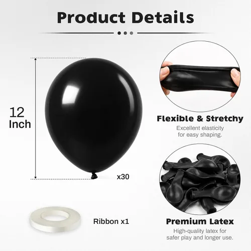 Vista 2 de Globos negros 30 Pack Matte Black Helium Balloons for Birthdays, Graduation, Casino, New Year, Halloween