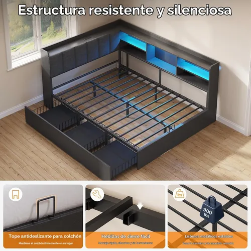 Vista 9 de Marco de cama matrimonial esquinero con 3 cajones, estantería y cabecero de Negro