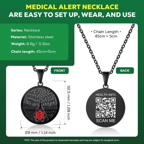 Vista 3 de Collar de alerta médica para mujer - Collar médico de acero inoxidable grabado con código QR Collar de identificación médica - Más espacio