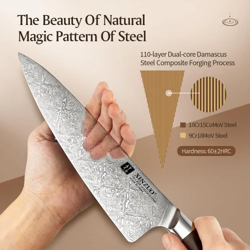 Vista 2 de XINZUO Cuchillo de chef de acero de Damasco de 8.3 pulgadas, 110 capas, cuchillo de cocina profesional forjado a mano, espiga completa, cuchillo