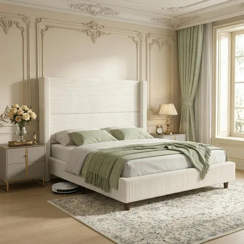 Vista 7 de WEUP Base de cama Queen con cabecera alta, marcos de cama tapizados de pana de 56 pulgadas, plataforma de marco de cama de nube con respaldo de ala