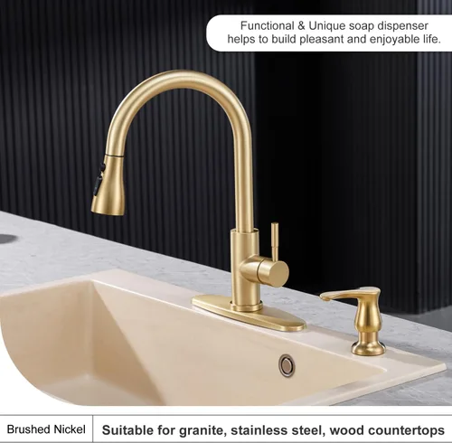 Vista 3 de GAGALIFE Dispensador de jabón para fregadero de cocina, dorado cepillado, dispensador de jabón debajo del fregadero con kit de tubo de extensión