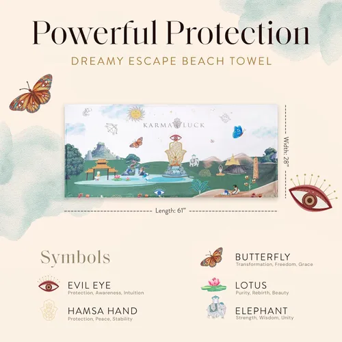 Vista 2 de KARMA AND LUCK Dreamy Escape - Toalla de playa para mujeres y hombres, mal de ojo, mano de Hamsa, loto, mariposa y elefante, toallas de playa