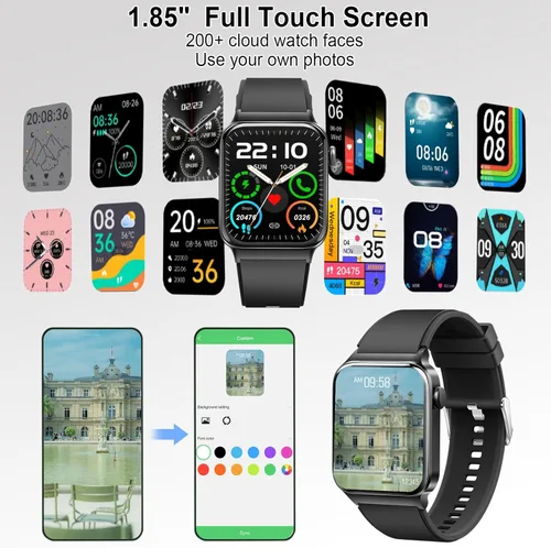 Vista 6 de Reloj inteligente para hombres y mujeres, rastreador de fitness, monitor de ritmo cardíaco, reloj inteligente táctil HD de 1.85" para Android iOS
