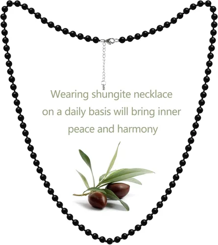 Vista 5 de Collar de Shungite de tamaño largo con 95 cuentas redondas negras de piedras preciosas naturales para hombres y mujeres, Cristal, piedra shungita